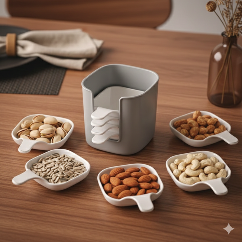 Luxury Snack Serving Plates with Storage Holder (6 Pcs) – Modern Dry Fruit & Nut Organizer