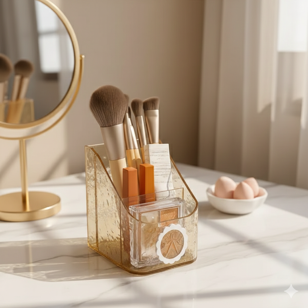 Luxury Textured Acrylic Makeup Organizer – 3-Compartment Brush & Lipstick Holder