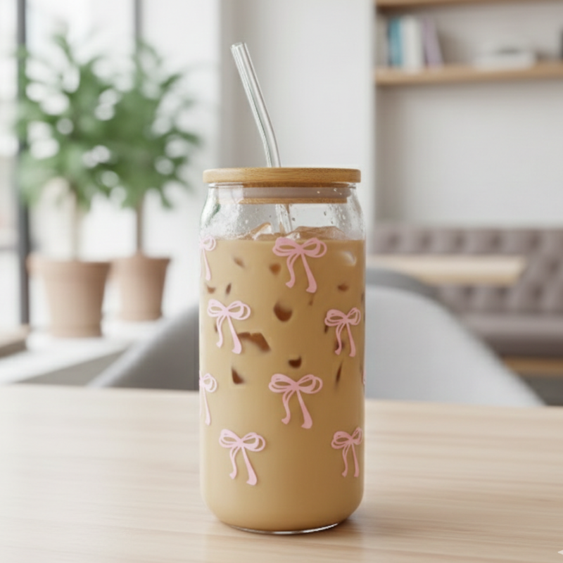 Luxury Glass Tumbler with Bamboo Lid & Reusable Glass Straw – Aesthetic Bow Design | Homducts.pk