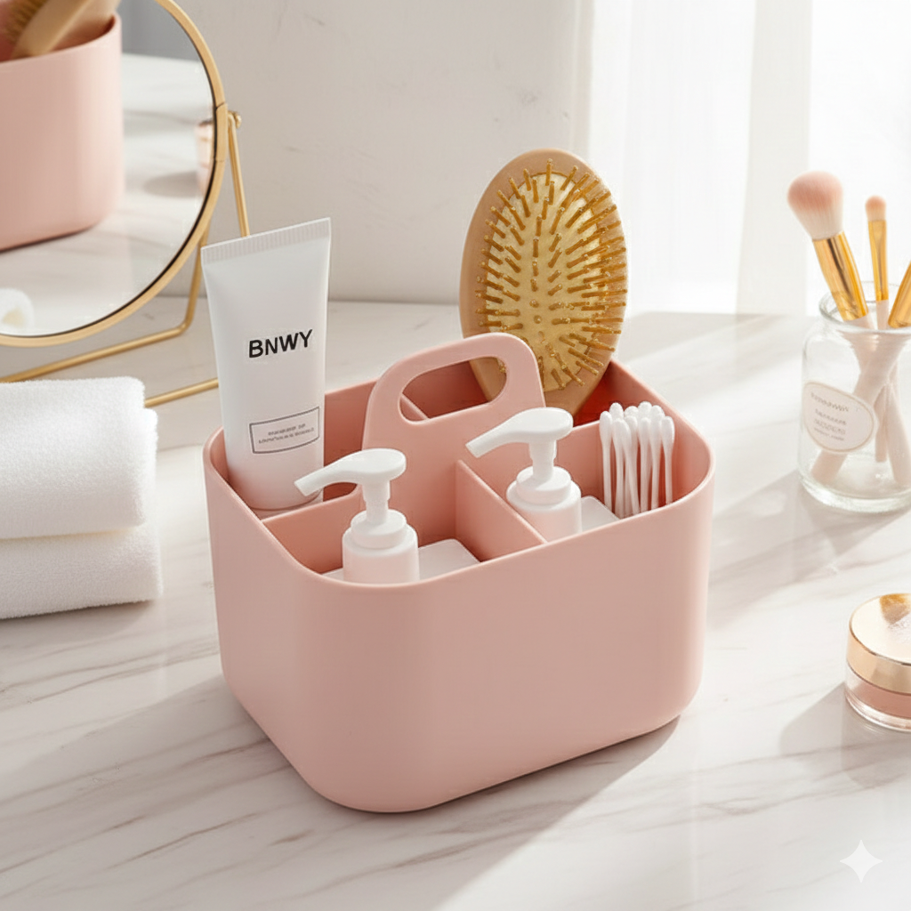 Luxury Multi-Compartment Vanity Organizer with Carry Handle – Stackable Makeup & Bathroom Storage Box